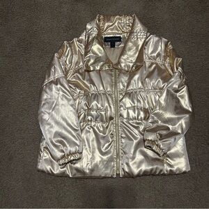 gold puffer jacket, 2x